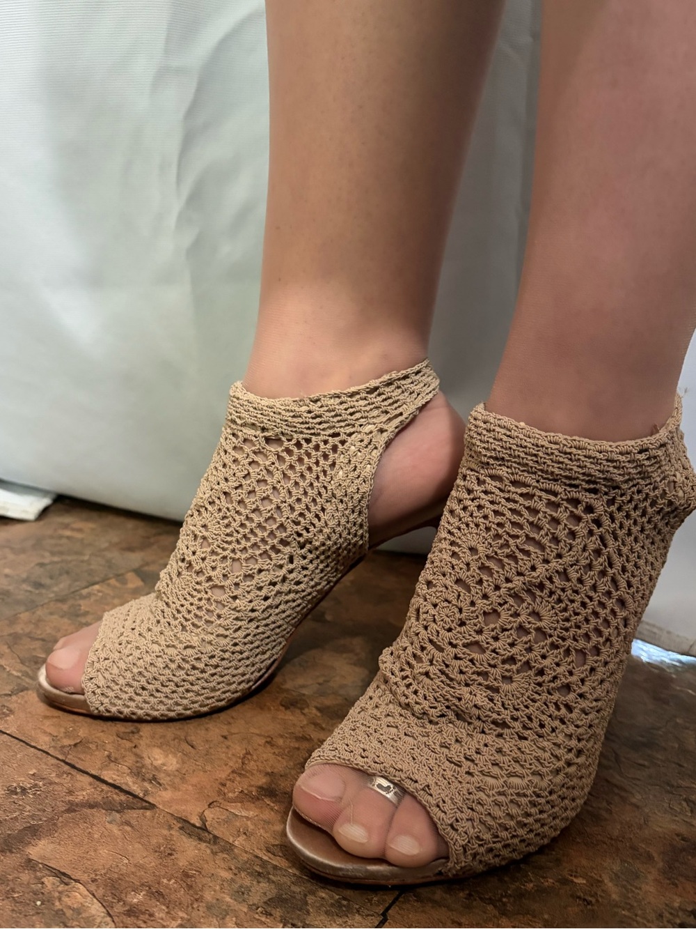 Vince Camuto Beige Crochet Peep-Toe Heels - Picture 2 of 16